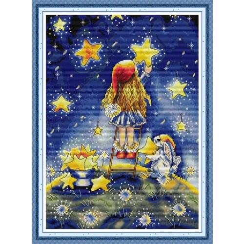 Cross Stitch Patterns Girl Picking Stars 14CT 11CT Counted Printed Cross Stitch Kits Handmade Embroidery Fabric Needlework Sets