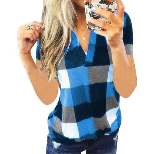 Office Lady Blouse Summer V Neck Short Sleeve Plaid Print Casual Shirt Blouse Plaid Print Womens Shirt Blouse tops