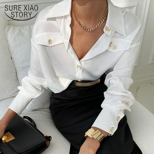 New 2021 Spring Office Lady Long Sleeve White Chiffon Blouse Button-up Chic Sleeve Shirt Womens Tops Korean Style Blusas Mujer