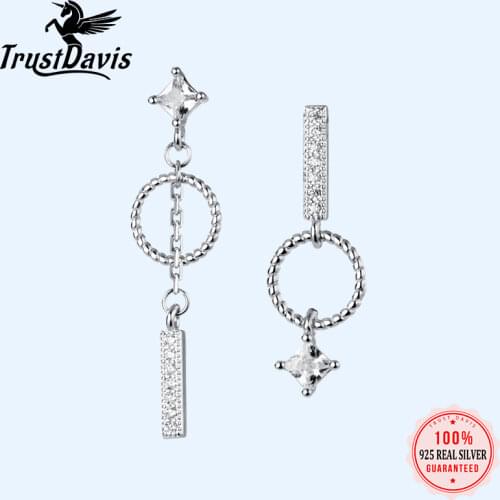 Trusta Genuine Fashion 925 Sterling Silver Sweet CZ Asymmetric Round Stick Chain Stud Earrings for Women Girl Teens Lady DA638