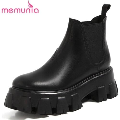 MEMUNIA 2020 top quality genuine leather shoes women ankle boots round toe square heel platform shoes ladies Chelsea boots