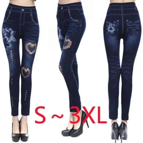 Women Leggings Floral Print Faux Denim Jeans Seamless Hollow Out Pencil Pants