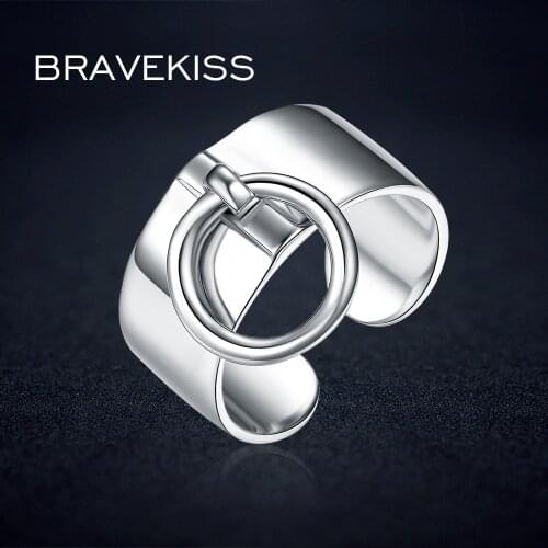 BRAVEKISS Pure 925 Sterling Silver Adjustable Rings For Women Round Circle Charm Dangle Ring Pendant Wide Ring Band BLR0323
