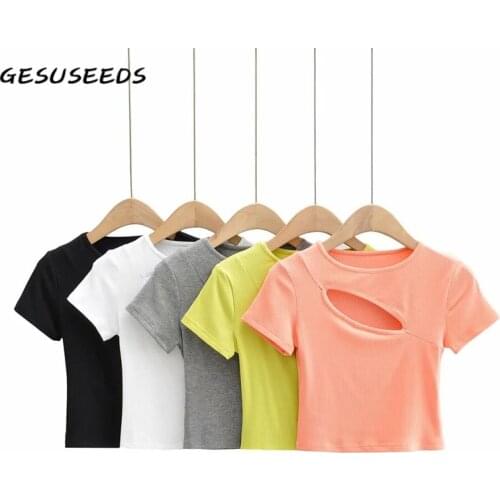 Short sleeve top women 2021 sexy t shirt knitted slim shirts korean style cut out top fashion white cropped t shirt women