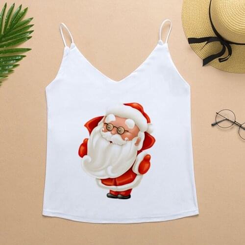 Sexy Spaghetti Crop White Tank Top Women V-neck Print Cute Christmas Shirt Regata Feminina Casual Tops Mujer Debardeur Femme