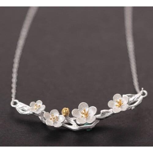 Vintage Silver Color Cherry Blossoms Flower Necklaces For Women Wedding Long Choker Statement Necklaces Collares Colar