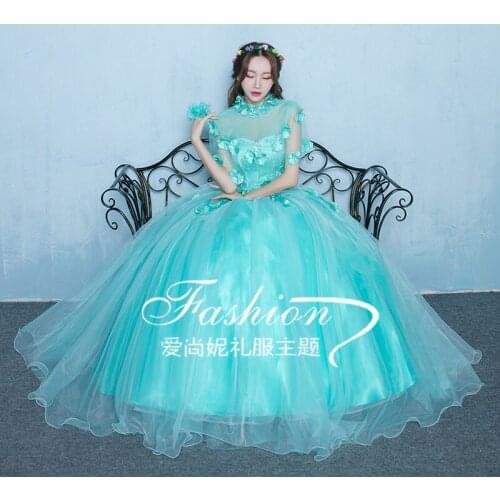 100%real luxury light lake blue flower embroidery beading princess ball gown medieval dress/victoria belle ball
