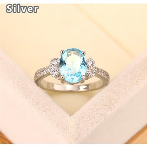 Best selling European and American fashion S925 silver wedding ring zircon lady light blue goose egg crystal jewelry gift