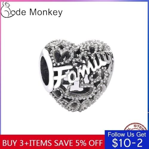 CodeMonkey Authentic 925 Sterling Silver Family Love Heart Beads Fit Original 3mm Charms Bracelet DIY Jewelry Making CMS1518