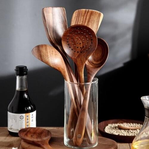 Wooden Spoon Kitchen Utensils Set Kitchen Tool Natural Teak Wood Cooking Tool Sets Nonstick Spatula Soup Spoons Dropshipping