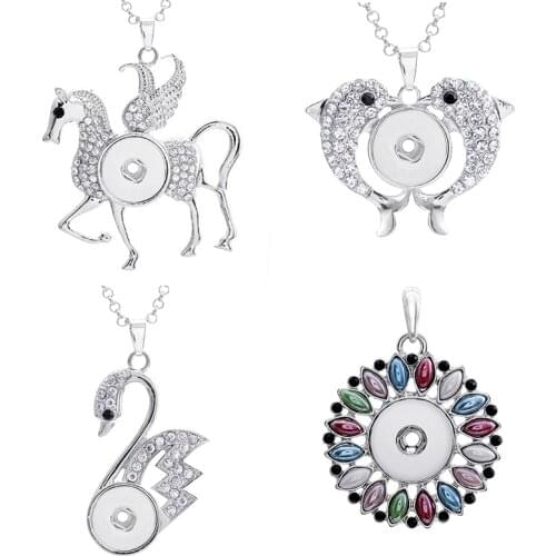 DIY 18mm crystal love eye angel flower key owl swan dolphin snap button jewelry Pendant Necklace XH3311
