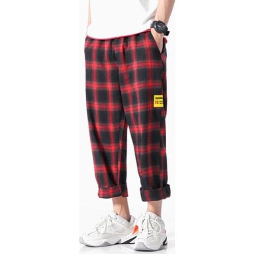 Mens Joggers Plaid Pants Black Cotton Comfortable Summer Casual Streetwear Loose Trouser Japanese Trendy Sweatpants