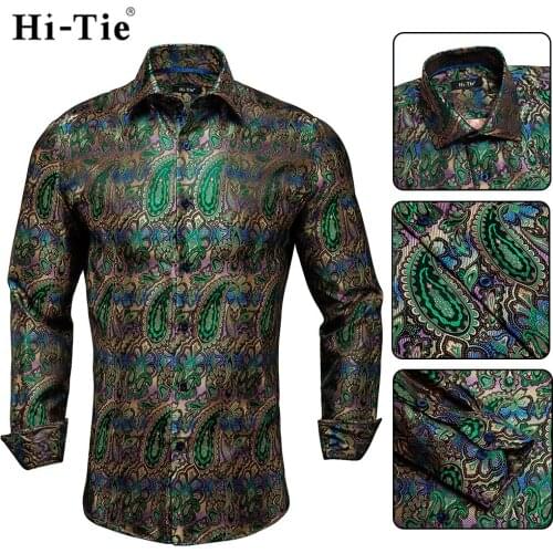 Hi-Tie Teal Green Silk Mens Shirt Paisley Floral Long Sleeve Casual Shirts For Men Jacquard Male Business Party Wedding Dress