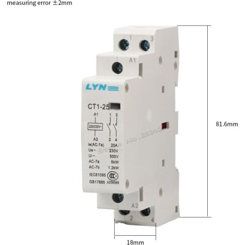 2P AC Contactor 20A household 35mm din rail CT1-25 110V 24V 220V 230V 2NO 2NC 1NO1NC 50/60Hz