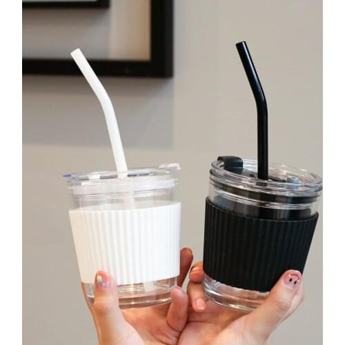 Korean Coffee Milk Glass Simple with Cover Portable Office Couples Face Value Casual Cold Extraction Coffee Straw Water Cup