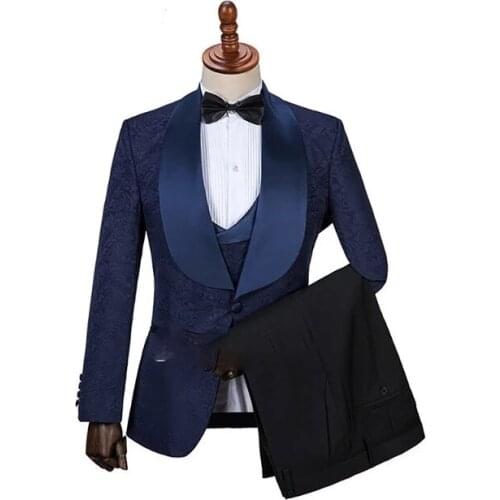 Costume Homme Navy Blue Pattern Men Suits Groom Tuxedo for Wedding Prom 3 piece Slim Fit Men Blazer Terno Masculino For Man
