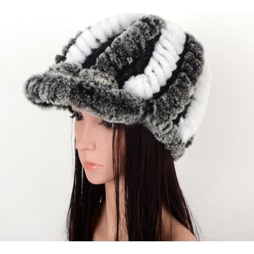 7748 New Europe and America warp knitting Natural Rex rabbit fur Cap Women woven hats flower fur hats Ladies Winter Visors