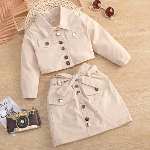 Spring and autumn 2020 new childrens and girls' Long Sleeve Jacket Suit foreign style buttons two-piece jacket and short skirt