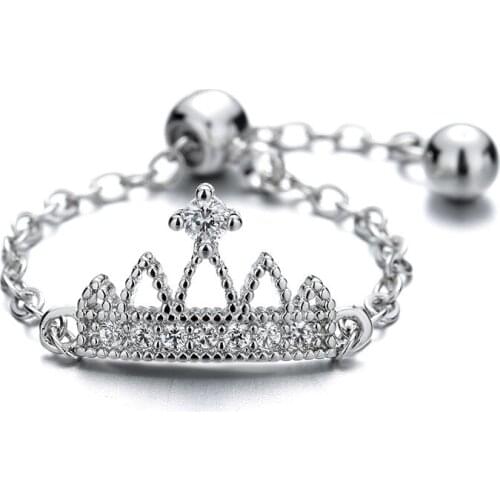 New Fashion Classic Crystal Crown Shape Adjustable Rings for Women Chain Party Finger Ring Jewelry Gifts