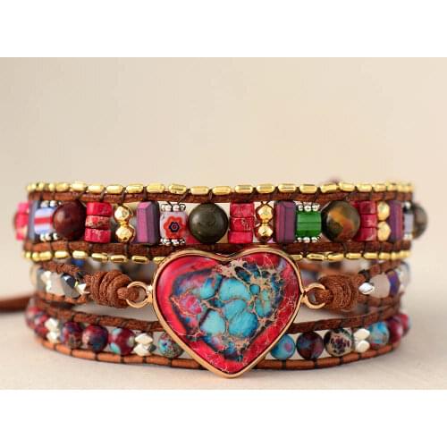 Premium New Heart Shape Leather Wrap Bracelets W/ Vibrant Stones Chain Beads Bracelet Boho Classic Jewelry Bijoux Dropship
