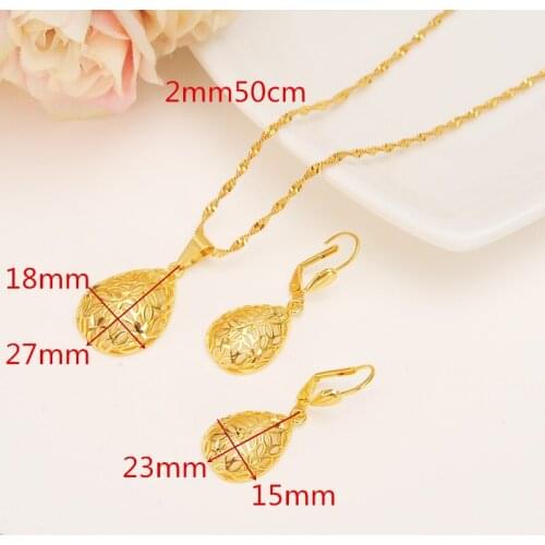 Lovely Water D Pendant Necklace Earrings Set Petal 24 k Fine Yellow Solid Gold Finish Trendy Party Jewelry Sets For Women Gift