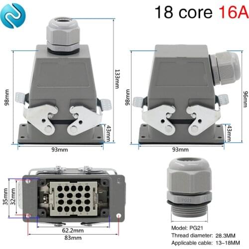 Rectangular heavy duty connector hdc-hee-018-1 industrial 18-core aviation plug socket cold pressure connection 16A