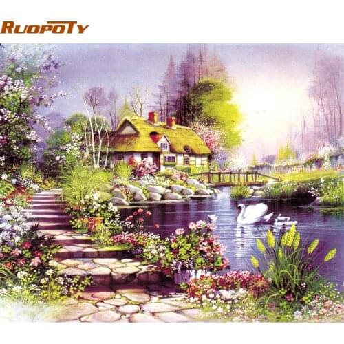 RUOPOTY Frame Countryside House DIY Painting By Number Modern Landscape Handpainted Oil Painting Wall Art Picture For Home Decor