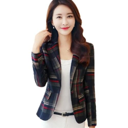 Womens Plaid Blazer and Jacket Slim Female Long Sleeve Short Suit Jacket One Button Casual Office Blazer Femme