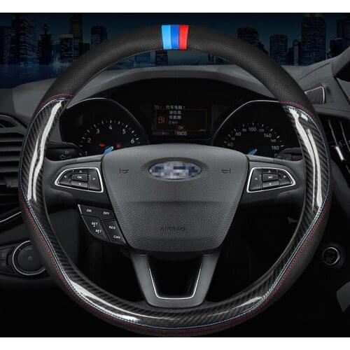 Carbon Fiber Cow Leather Steering Wheel Cover For Ford Ranger Fiesta Focus Everest Kuga EcoSport Escort Escape F-150 2016 2017
