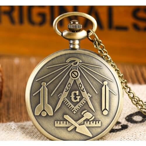 10pcs/lot Vintage Bronze Freemason Pocket Watch Necklace Retro Quartz Pocket Watch Free Mason Masonic Jewelry Fathers Day Gift
