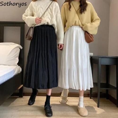 Skirts Women Mid-calf All-match Solid Fashion Chic Autumn Winter Pleated Ins Students Simple Loose A-line Harajuku Vintage New