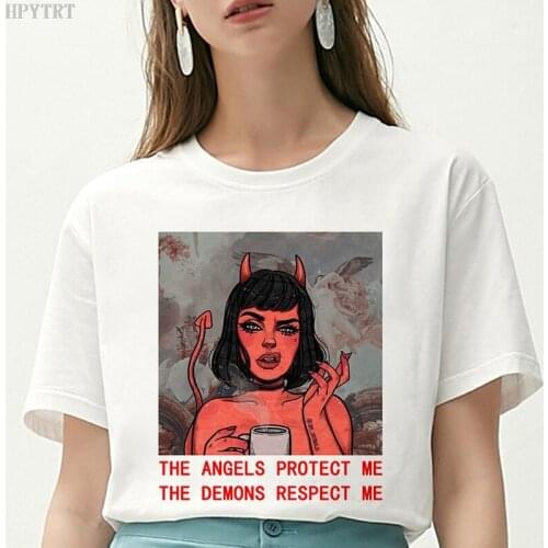 THE ANGELS PROTECT ME THE DEMONS RESPECT ME printed T-shirt Summer Harajuku vintage large size loose top womens fashion T shirt