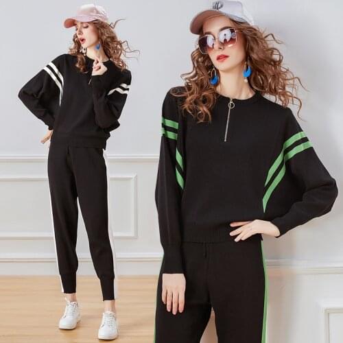 2020 New Women Two Piece Set Cotton Full Office Lady Zipper Winter Set O-Neck Elastic Waist Black Cloth And Pants Elegnat Women