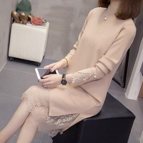 Long Sleeve Sweater Dress Women Lace Splice Hem Plus Size 4XL 2021 New Autumn Winter Pullover Female Elegant Knitted Clothing