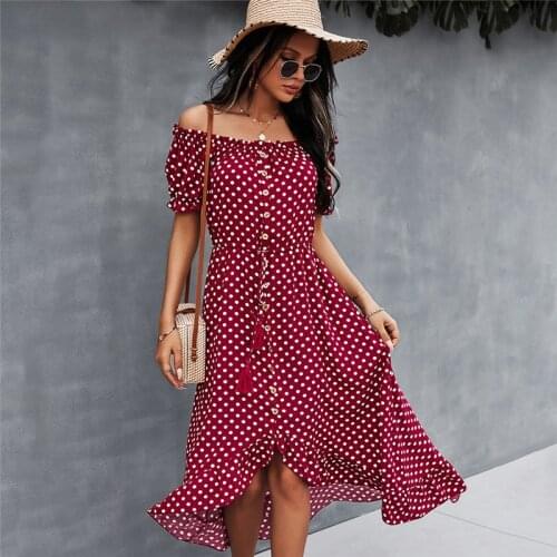 Spring Neck Dot Polka Print Dress Women Casual Tassel Button Off The Shoulder Dress For Woman Sexy Slash Neck Summer Dress