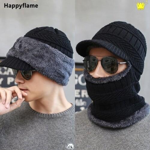 Winter Plus velvet Hats for Men Solid Skullies Beanie Hat Unisex Hats Neckerchief One-pieces Caps Mask Wool Bonnet Knitted Hat