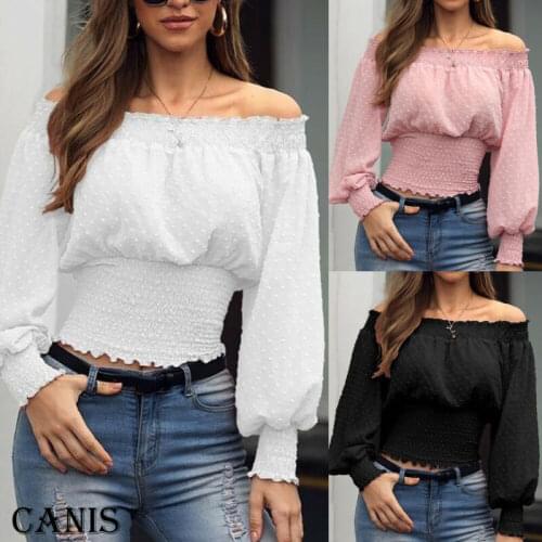 2020 Fashion Autumn Chiffon Blouse Shirt Off Shoulder Crop Top Long Sleeve Blouses Ruffles Solid Sexy Blusa Mujer