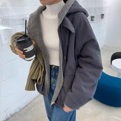 2021 Women Thick Warm Solid Lamb Fur Parkas Oversized Jackets Winter Hooded Outwear Double-side Female Pockets Clothing