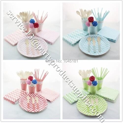 300 Sets Chevron Disposable Wedding Birthday Party Tableware Party Paper Plates Bags Napkins Straws Cups Wooden Fork Spoon Knife
