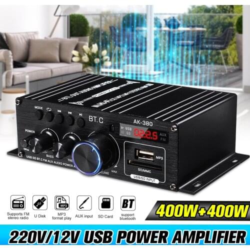 400W*2 Ak380 bluetooth 5.0 HiFi Power Amplifiers Stereo Home Car Audio Digital Sound Amplifier BASS Class D USB FM Music Player