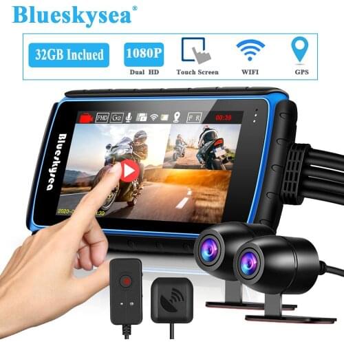 Blueskysea DV988 Motorcycle WiFi Dash Camera With GPS FHD 1080P Dual Lens DVR Touch Screen Cámara moto Support HDR & Safe Mode