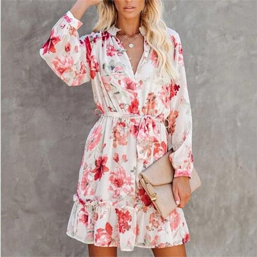 Bohemian Floral Print Shirt Dress Women Casual Holiday Autumn Mini Dress Female A-line Long Sleeve Women Beach Dresses Vestidos