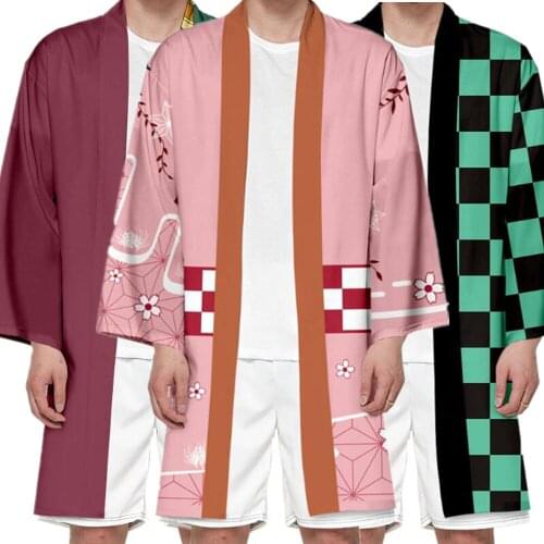Japanese Anime Polyester Kimono Women Men Summer Casual Demon Slayer Kimetsu no Yaiba Print Yukata Cosplay Kimons T-shirts