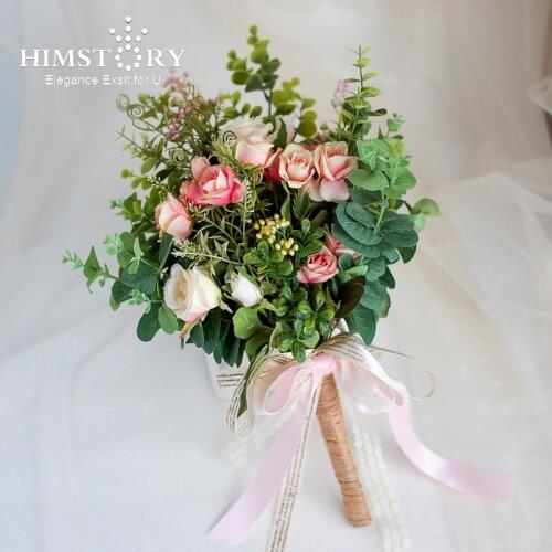 HIMSTORY Wedding Bouquet Silk Roses Pink White Mix Color Flower with Green Leaf Artificial Bridal Hand Holder Flower Accessories