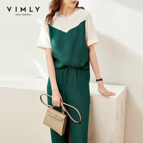 VIMLY Summer Women Two Piece Set Fashion Patchwork Oneck Tshirts High Waist Wide Leg Pants Casual Loose Tshirts Pant Sets F7989