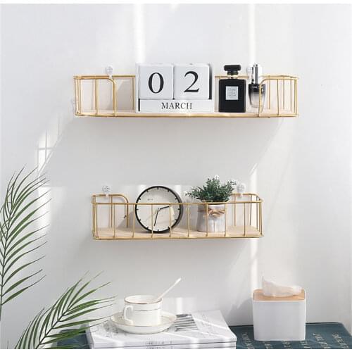 Wrought Iron Wall Rack Living Room Decorative Wooden Shelf Crafts Ornaments Display Holder Storage Wood Stand Home Decorations