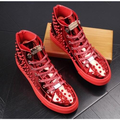 Luxury rivet flat men shoes designer sneakers spikes black red thick bottom high tops punk men Casual shoes gold rivet boots