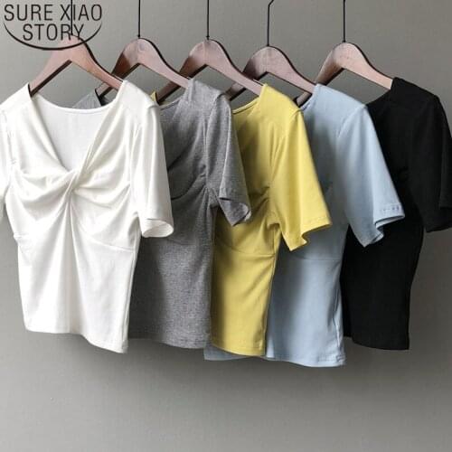 Fashion Womans Shirt Summer T-shirt Female Korean Short-sleeved Solid Tops 2021 New Female V-neck Korean Folds Slim Tops 14621