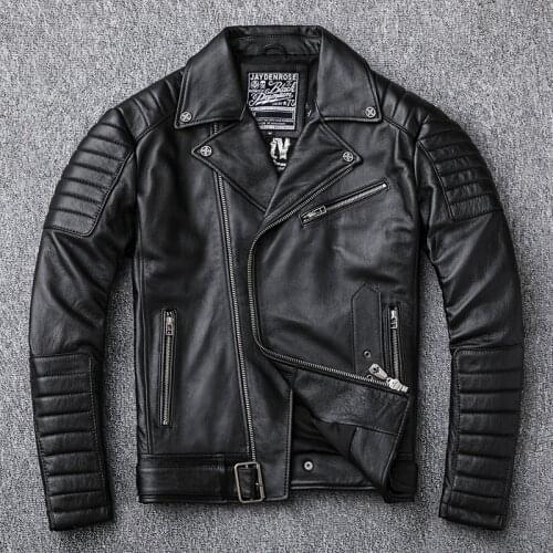 Classical Perfecto Genuine Leather Jacket Motorcycle Jackets Mens 100% Natural Calf Skin Black Leather Coat Slim Motor Clothe