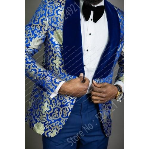 Men Suits Gold Pattern Groom Tuxedos Shawl Royal Blue Velvet Lapel Groomsmen Wedding Bridegroom ( Jacket +Pants +Bow Tie ) C729